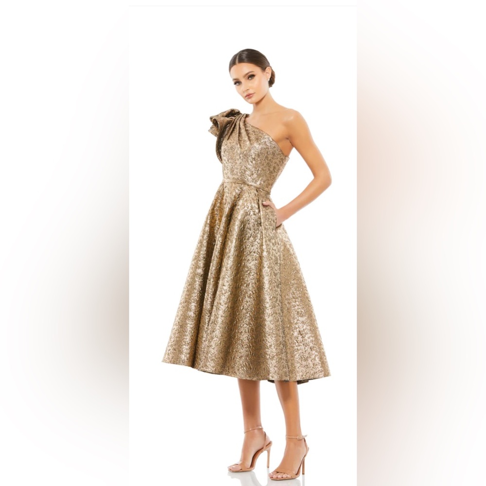 Gold One Shoulder Brocade Bow Midi Ball Gown Dress with Pockets #67906 SIze 14